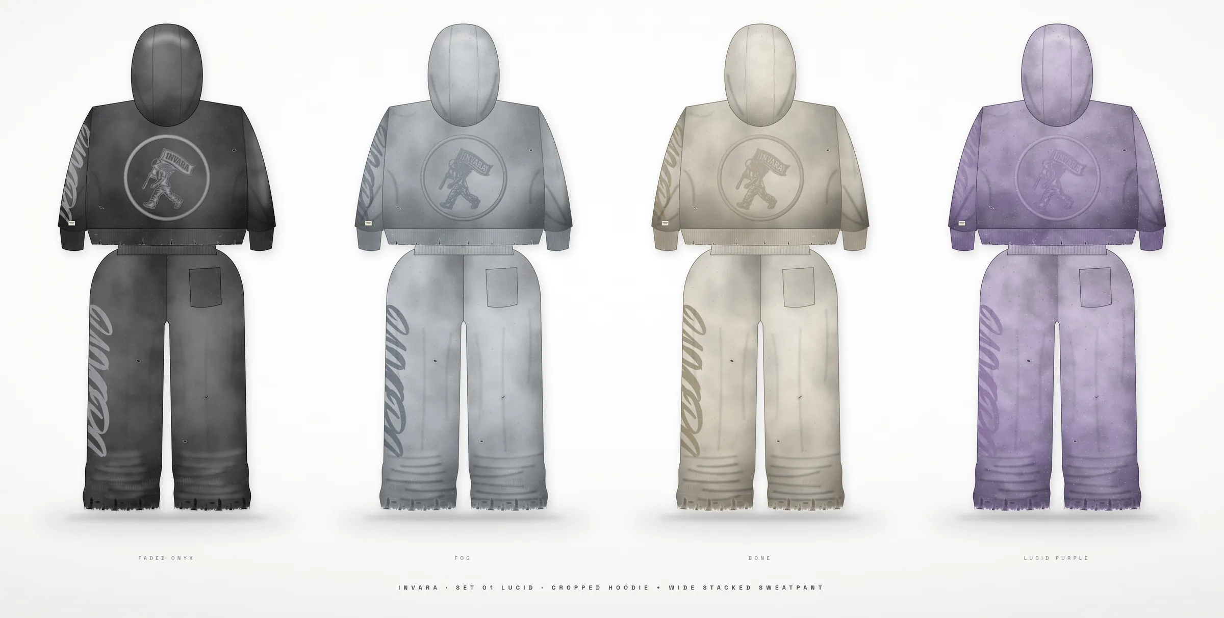 LUCID set lineup, back view, in all four colorways
